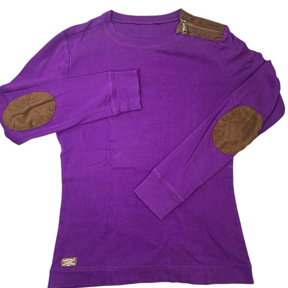 Lauren Ralph Lauren Purple Knit Top Suede Elbow Patch Shoulder Zip